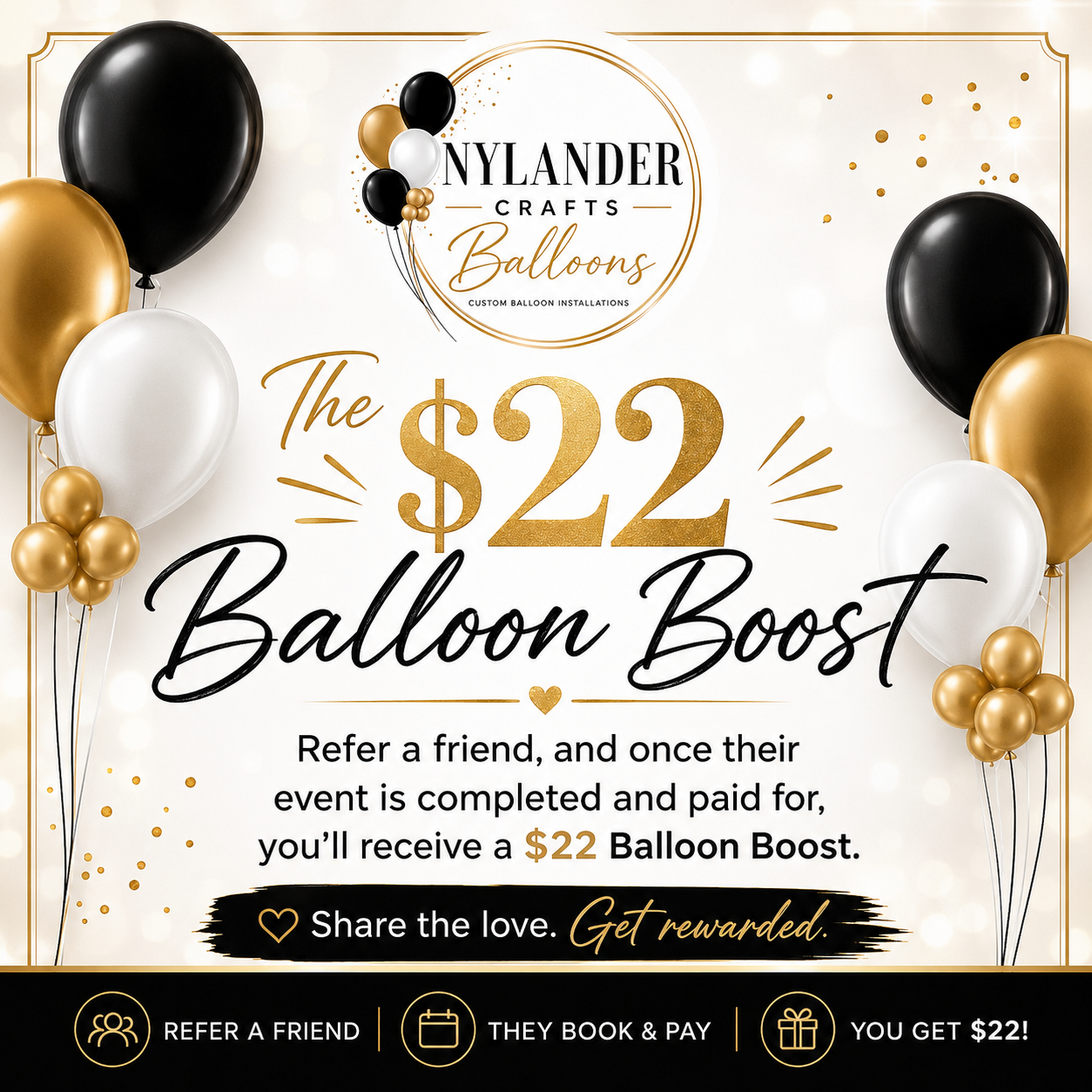 The $22 Balloon Boost referral program promotional graphic by Nylander Crafts Balloons