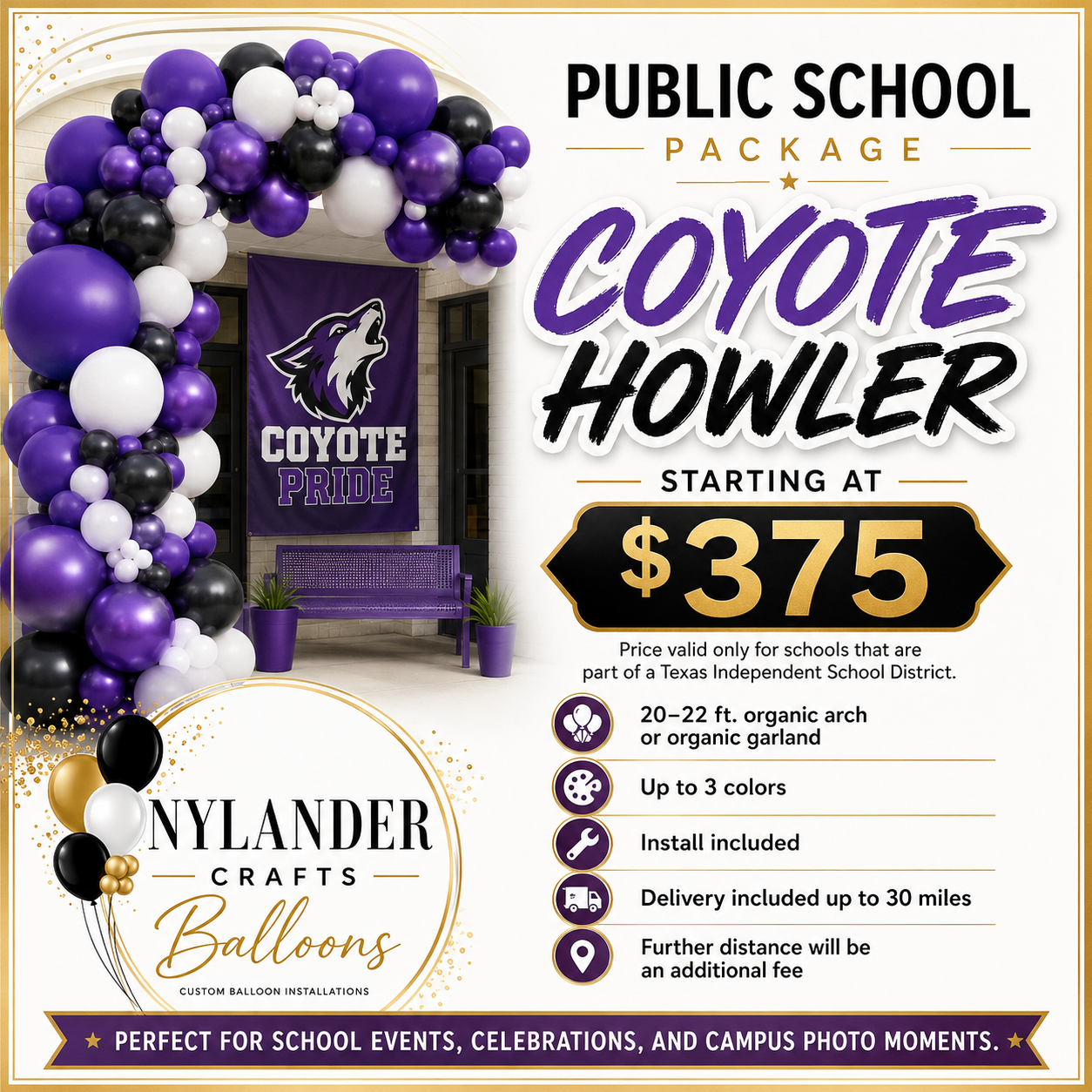 School event balloon package with purple, black, and white balloon arch designed for campus celebrations and photo moments.