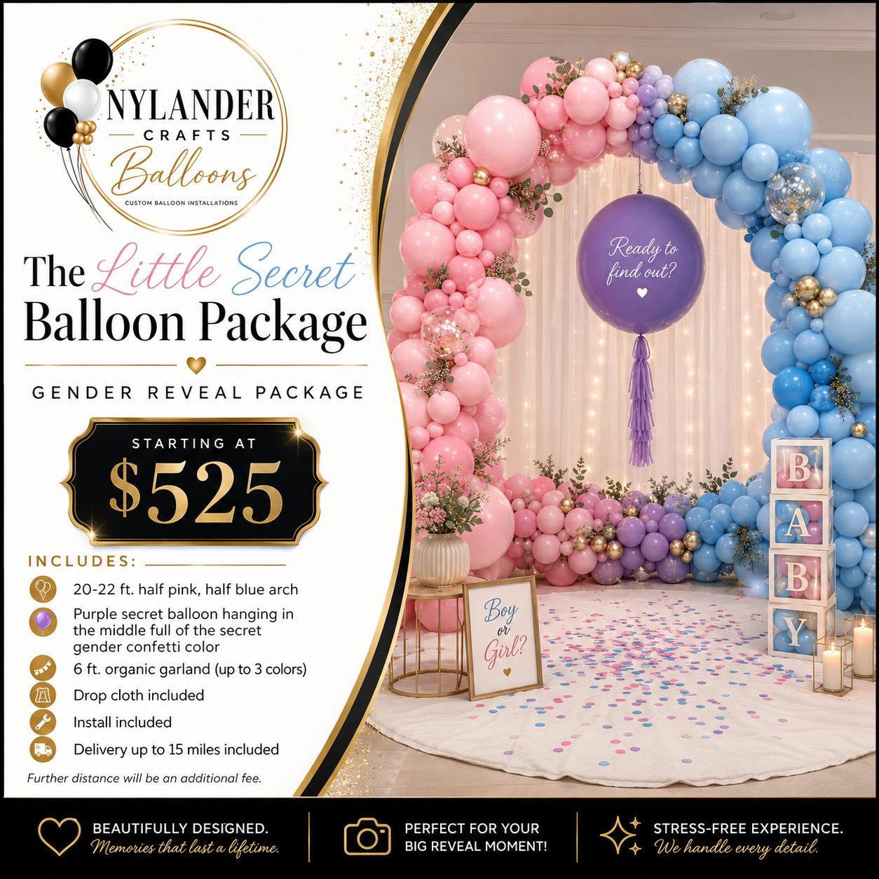 Gender reveal balloon package with pink and blue balloon arch, large reveal balloon, and styled floor setup.