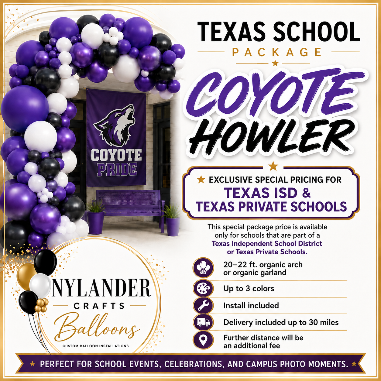 Texas school balloon package with purple, black, and white organic balloon arch for campus celebrations and photo moments.