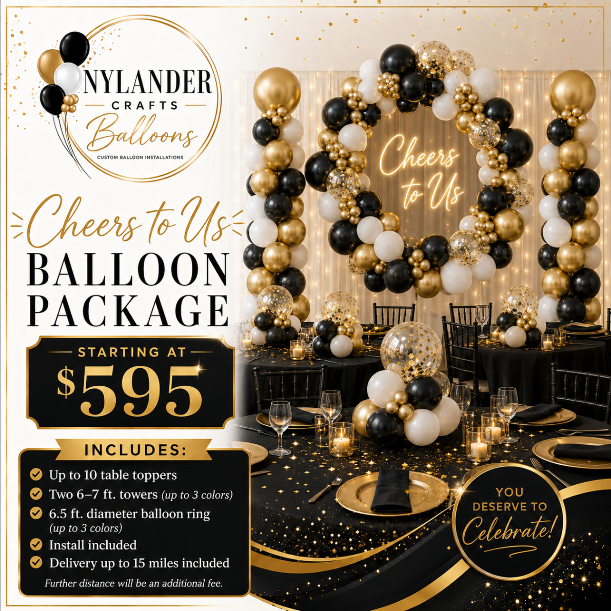 Elegant balloon package with black, white, and gold balloon ring, towers, and table toppers for an anniversary celebration setup.