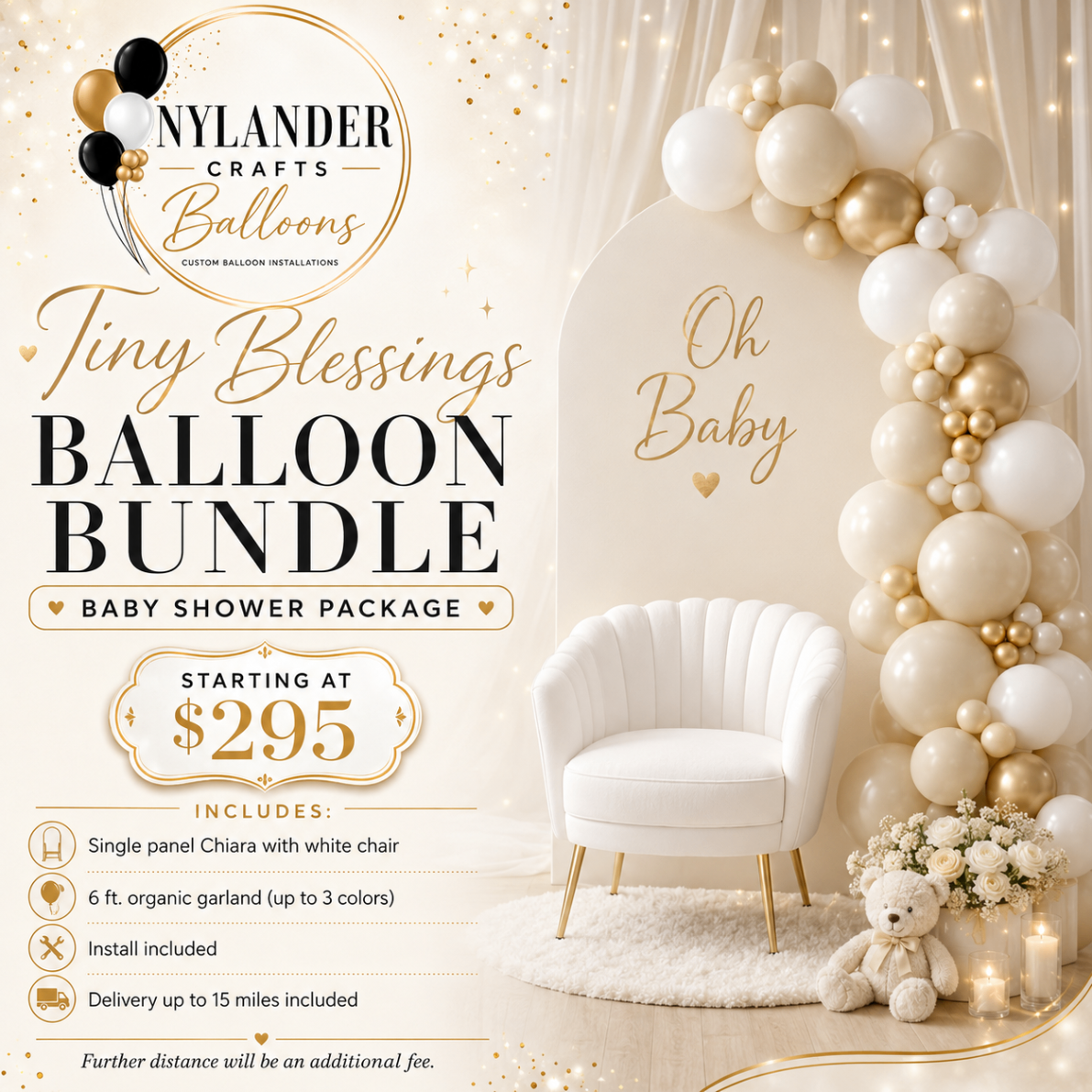 Baby shower balloon package with neutral ivory and gold garland, Chiara panel, and white accent chair.